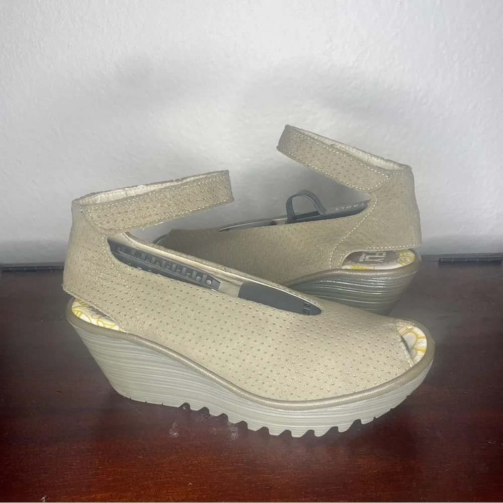 Fly London Beige Perforated Ankle-Strap Wedge Sandals